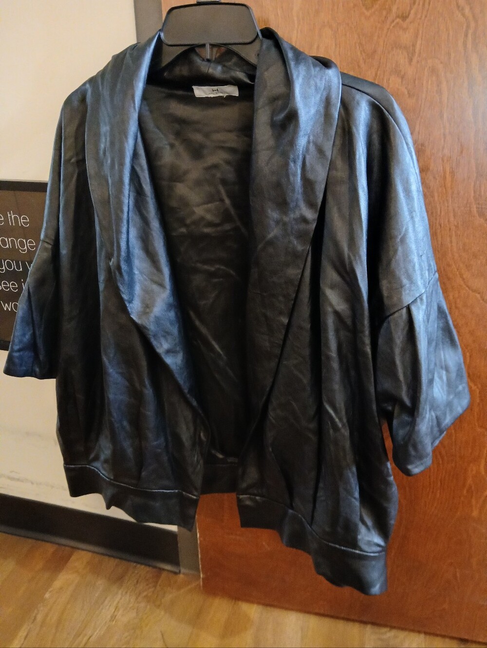 H HALSTON black faux leather open front jacket